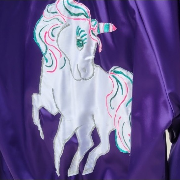 Shiny Purple bomber snap up style jacket with white unicorn on back - Picture 3 of 8